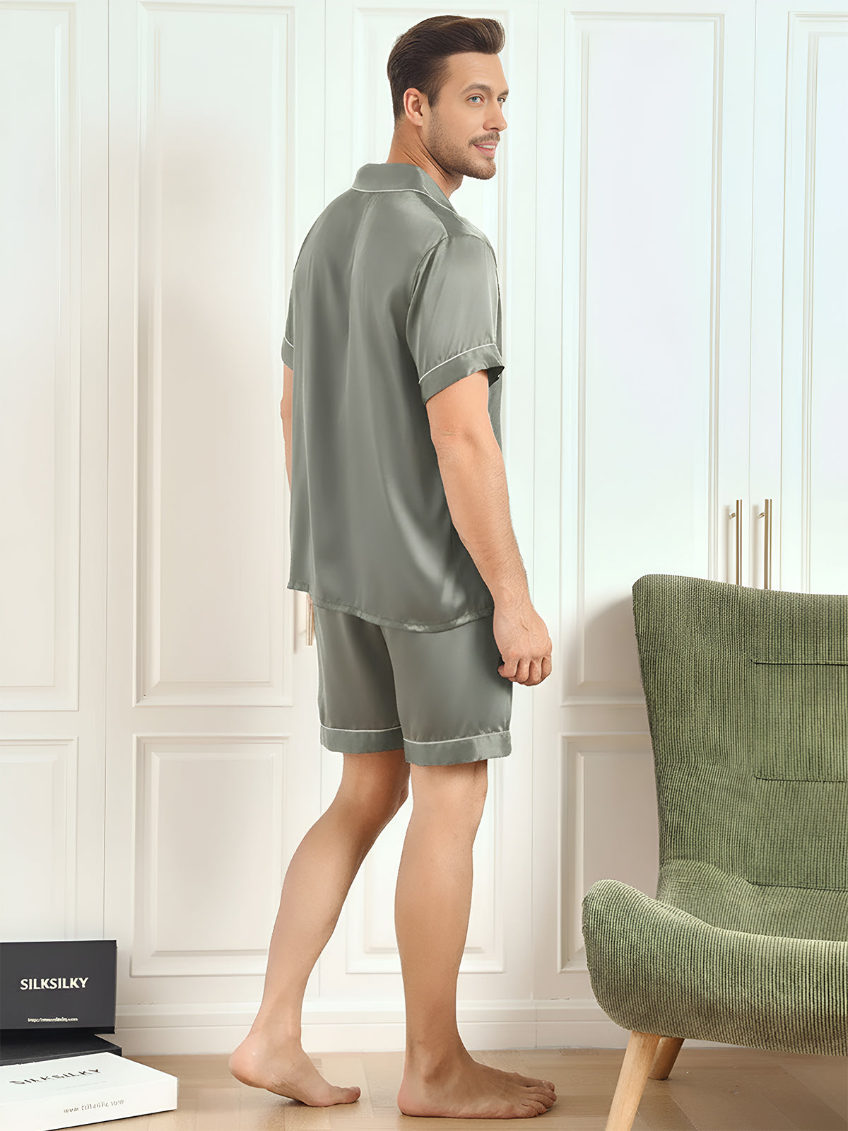 [Grayish Green] SilkSilky-CA Pure Silk Mens Pajamas 002