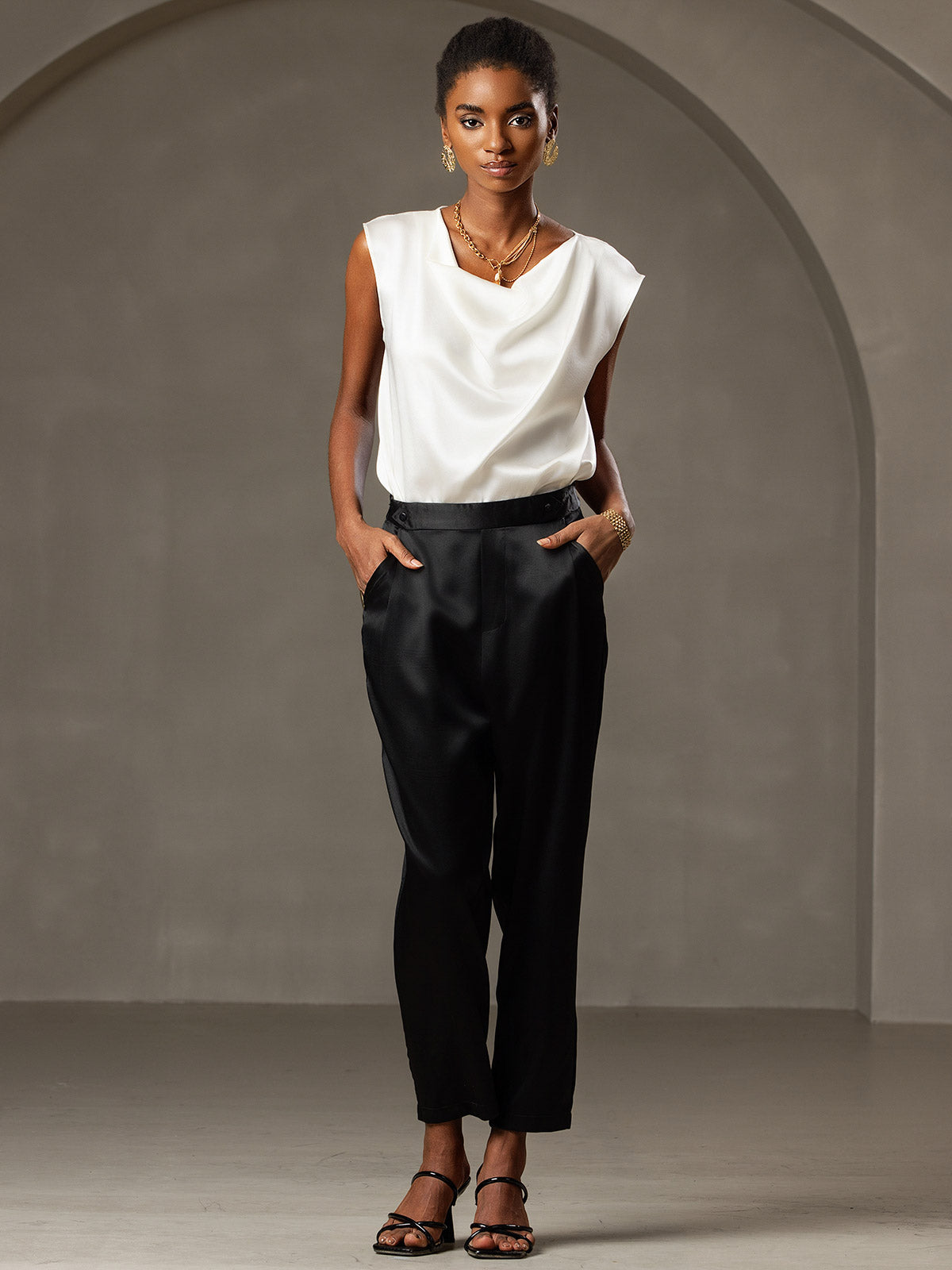 [White] SilkSilky-CA 19Momme Silk Cowl Neck Women's T-Shirt 006