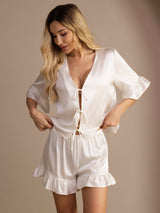 [White] SilkSilky-CA Short Sleeve V Neck Women's Pajamas 003