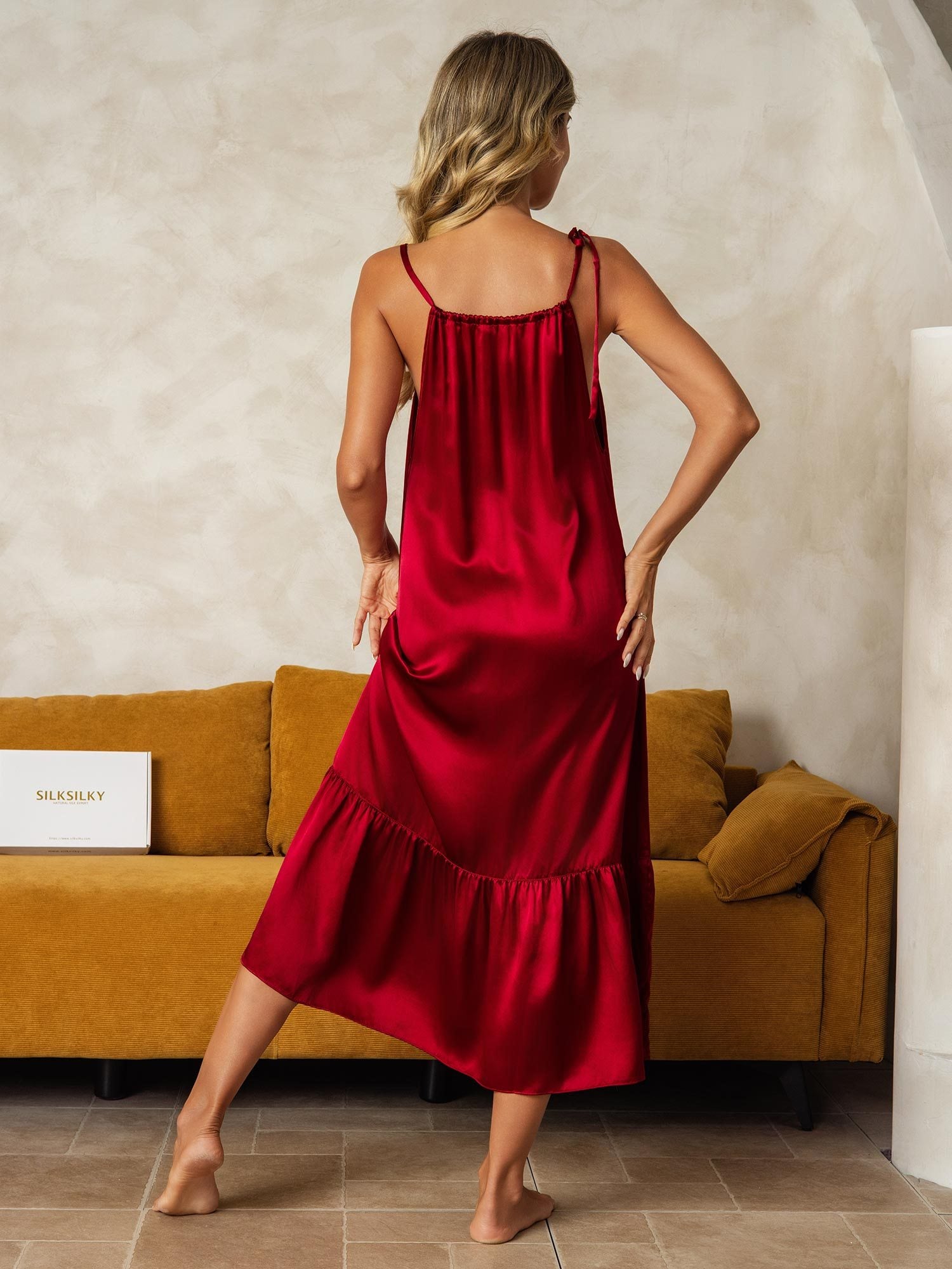 [Wine] SilkSilky-CA Pure Silk Keyhole Neck Nightgown 002