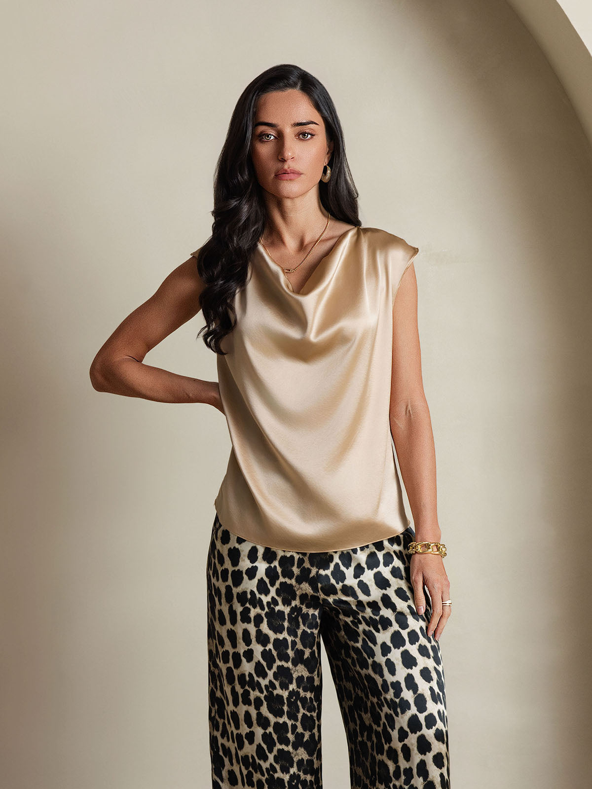 [Champagne] SilkSilky-CA 19Momme Silk Cap Sleeve Cowl Neck Women's T-Shirt 003