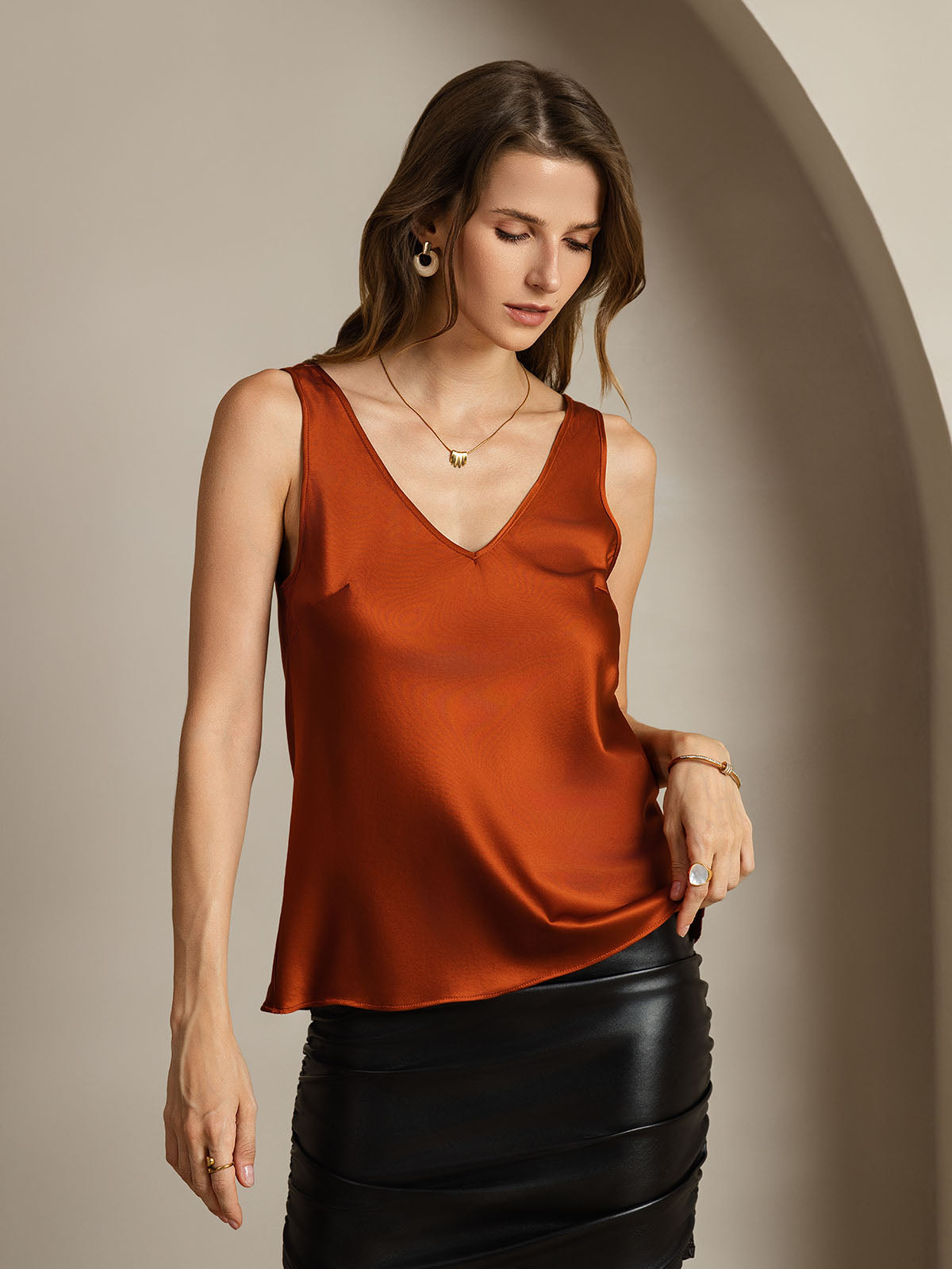 [Caramel] SilkSilky-CA 19Momme Silk V Neck Camisole 006