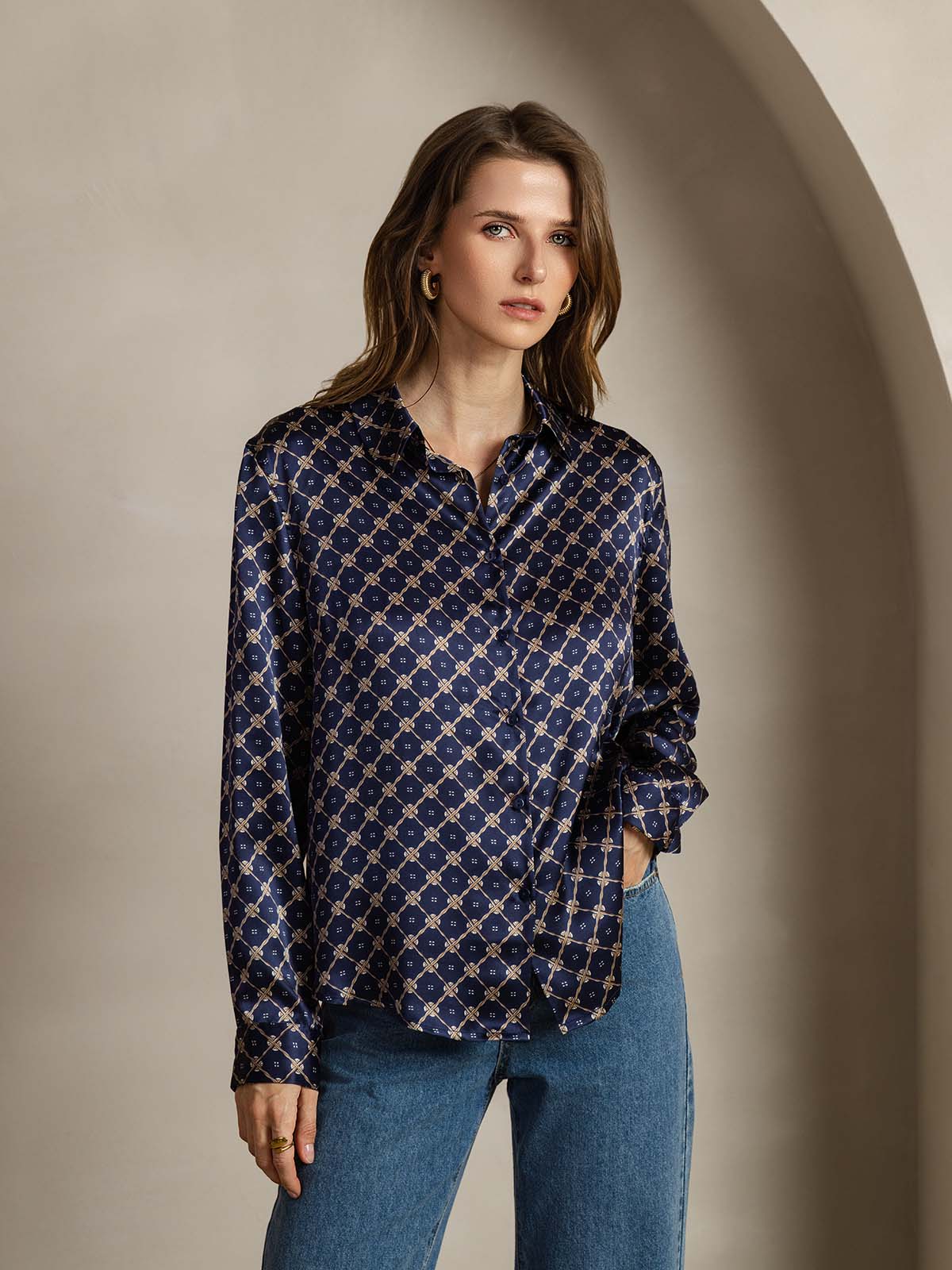 [Navy Chain] SilkSilky-CA Silk Long Sleeve Lapel Collar Women's Shirt 001