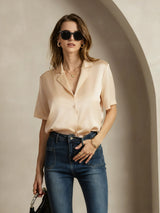 [Champagne] SilkSilky-CA 19Momme Silk Notched Neck Women's Shirt 003