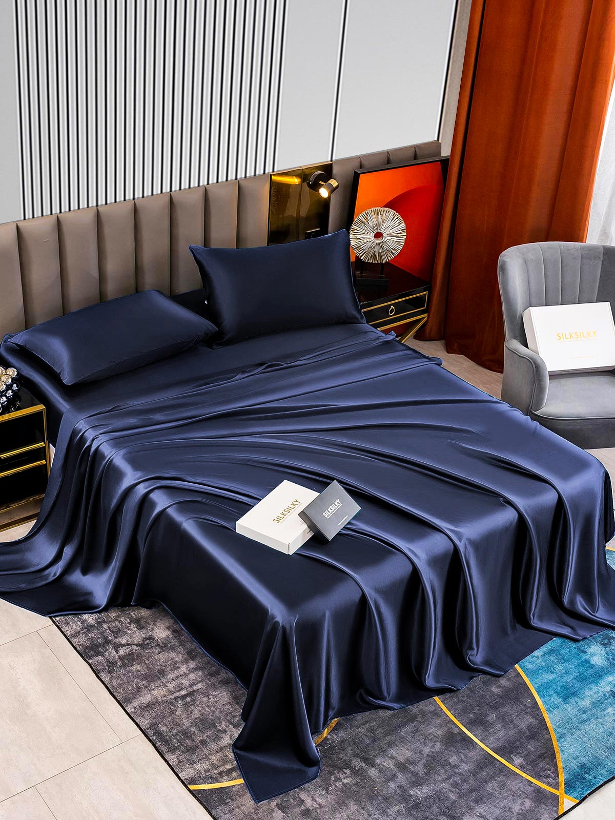 SilkSilky CA 22Momme Pure Silk Bedding Set DarkBlue 002