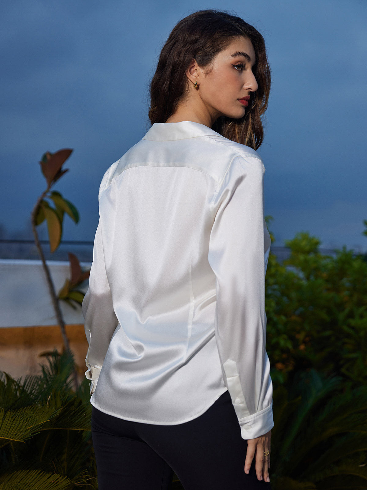 [White] SilkSilky-CA Silk Lapel Collar Women's Shirt 002