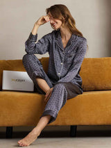 [Navy Ginkgo] SilkSilky-CA Pure Silk Notch Collar Women's Pajamas 003,
