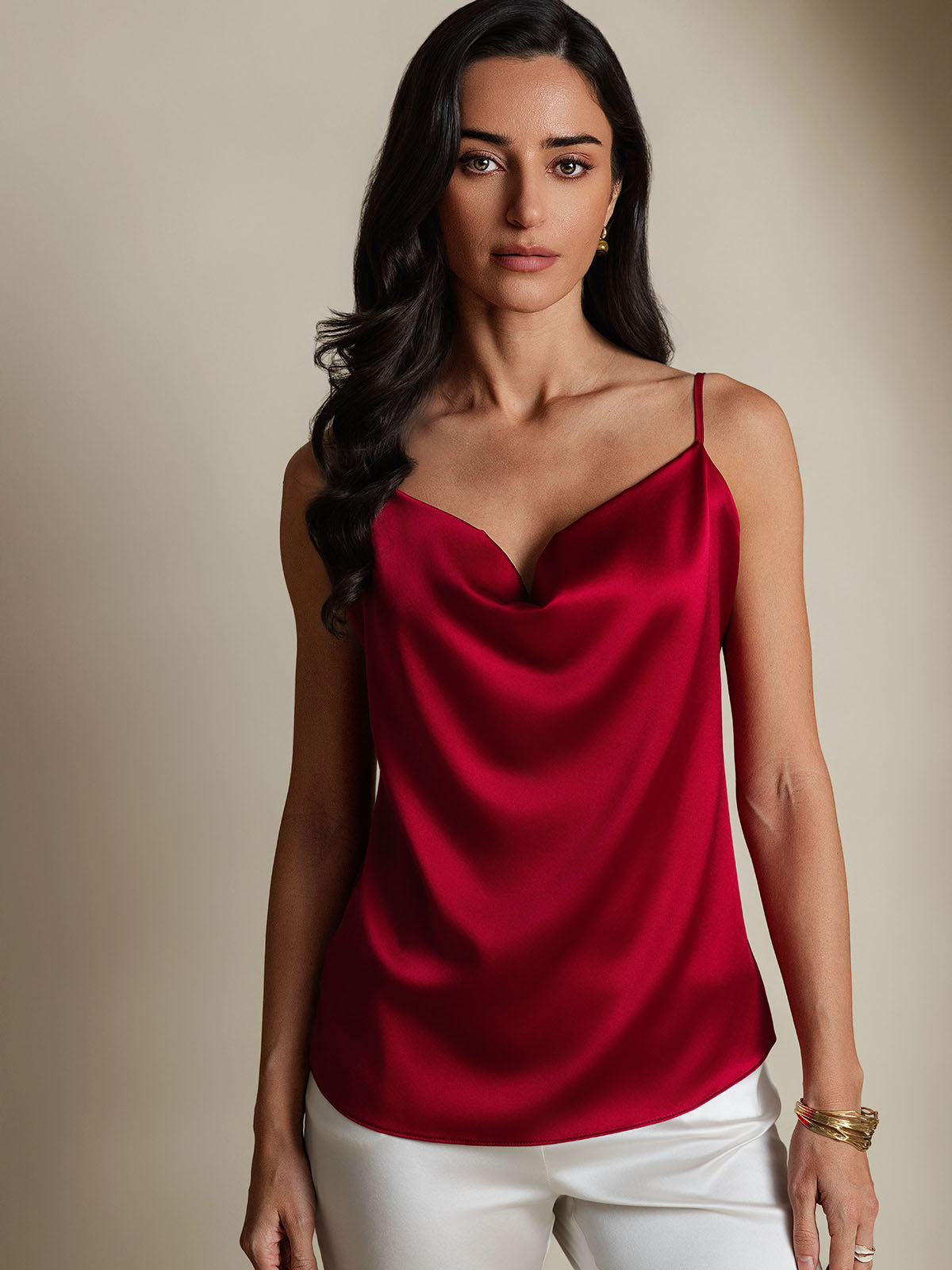 [Wine] SilkSilky-CA Spaghetti Strap Cowl Neck Camisole 001