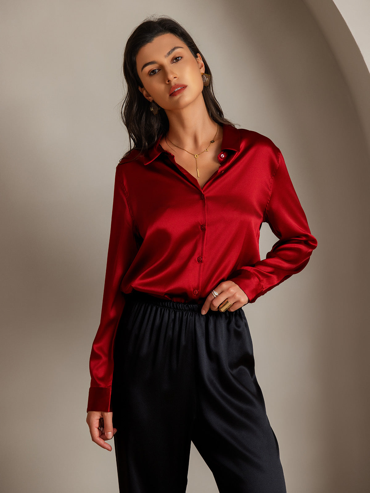 [Red] SilkSilky-CA Silk Long Sleeve Lapel Collar Women's Shirt 004