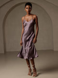 SilkSilky-CA Pure Silk Deep V Neck Dress PurpleGray 001