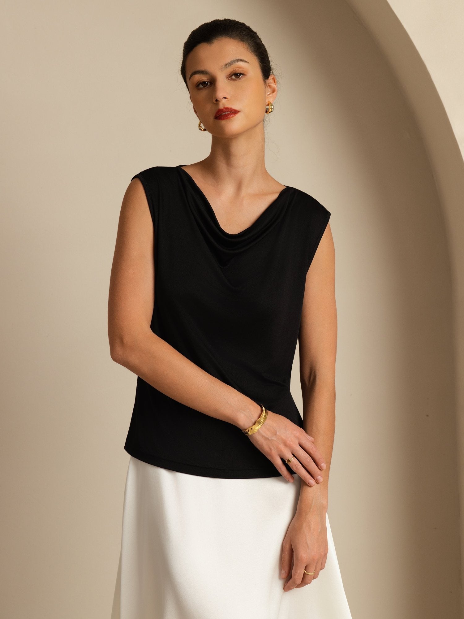 [Black] SilkSilky-CA 100% Silk Jersey Sleeveless Cowl Neck Women's T-Shirt 004