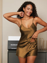 [Coffee] SilkSilky-CA Spaghetti Strap V Neck Camisole Set 001