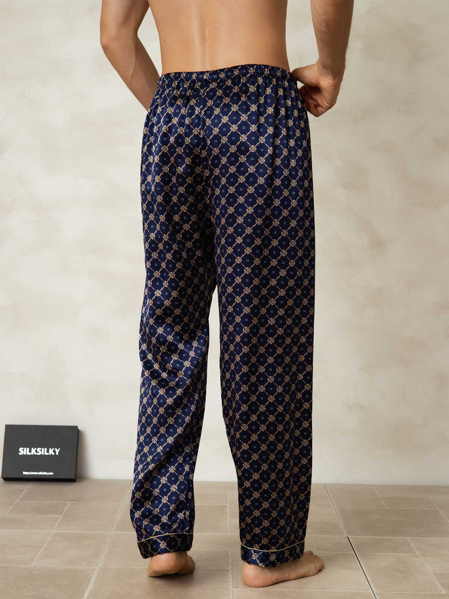 [Navy Chain] SilkSilky-CA Pure Silk Mens Sleep Bottoms 002