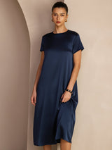 [Dark Blue] SilkSilky-CA Short Sleeve Round Neck Dress 006