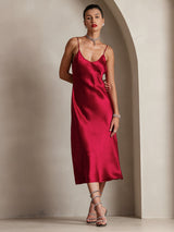 [Wine] SilkSilky-CA Spaghetti Strap V Neck Dress 001