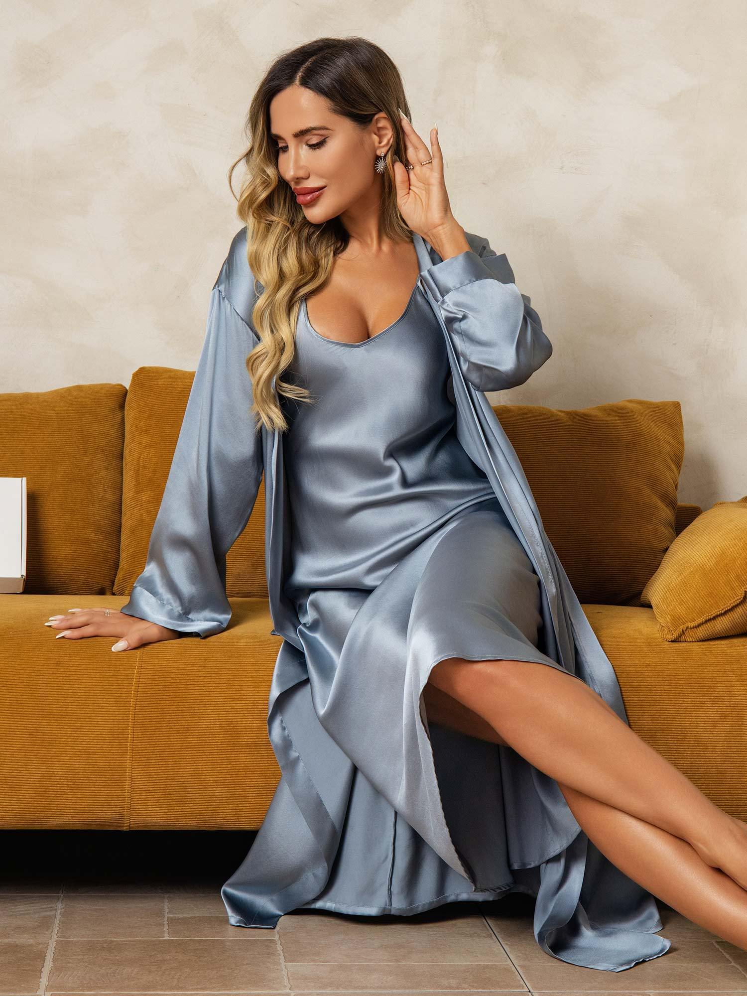 [GrayishBlue] SilkSilky-CA Pure Silk V Neck Nightgown&Robe Set 009