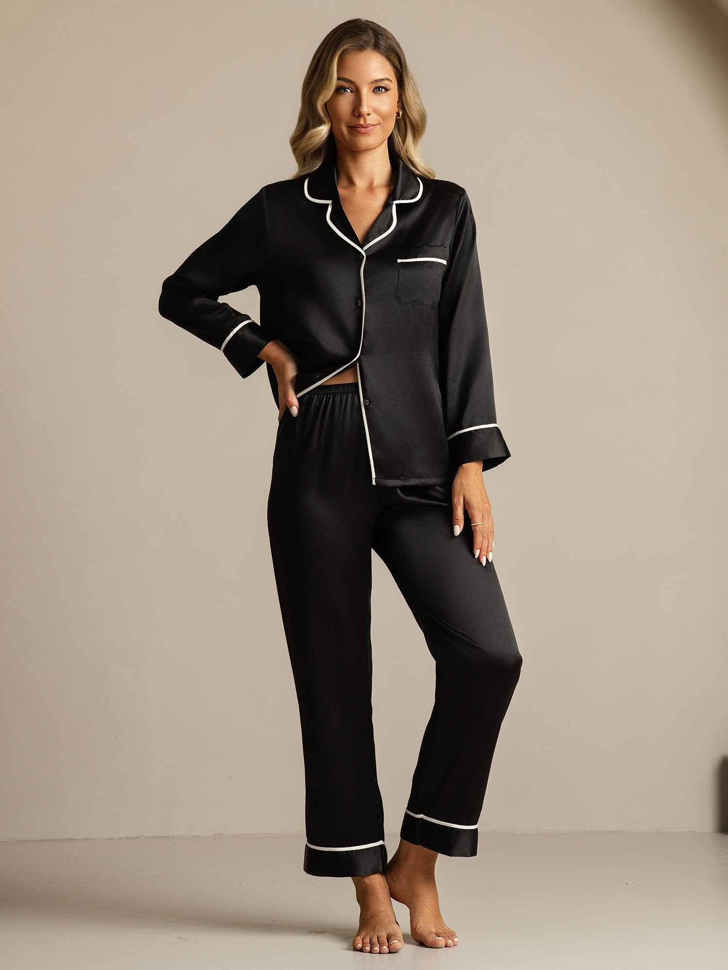 [Black] SilkSilky-CA Pure Silk Lapel Collar Women's Pajamas 006