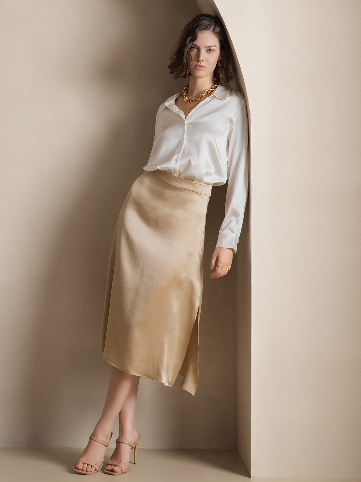 [White] SilkSilky-CA Silk Long Sleeve Lapel Collar Women's Shirt 008