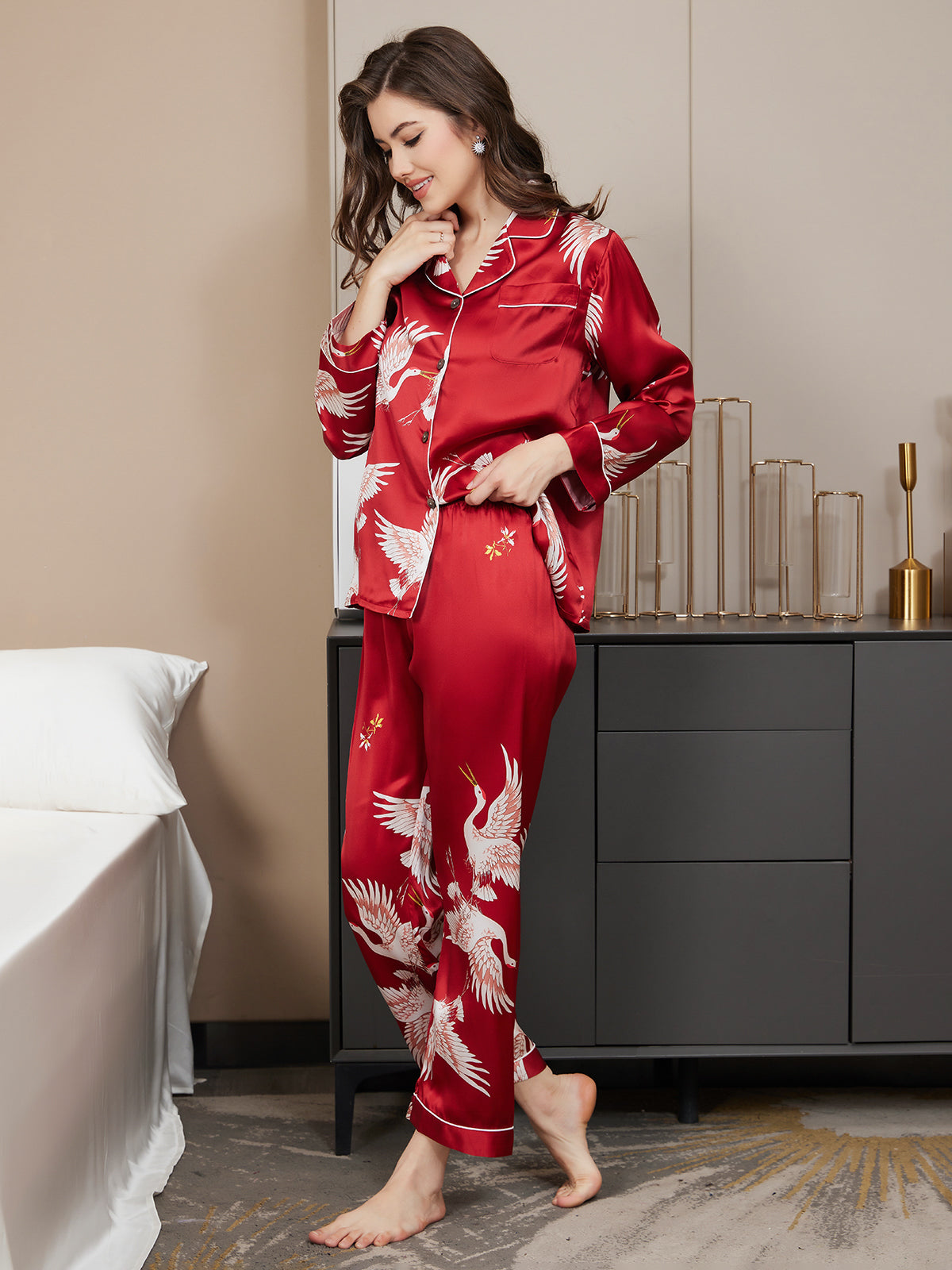 SilkSilky-CA 19Momme Pure Silk Long Sleeve Lapel Women's Pajamas DarkRed 004