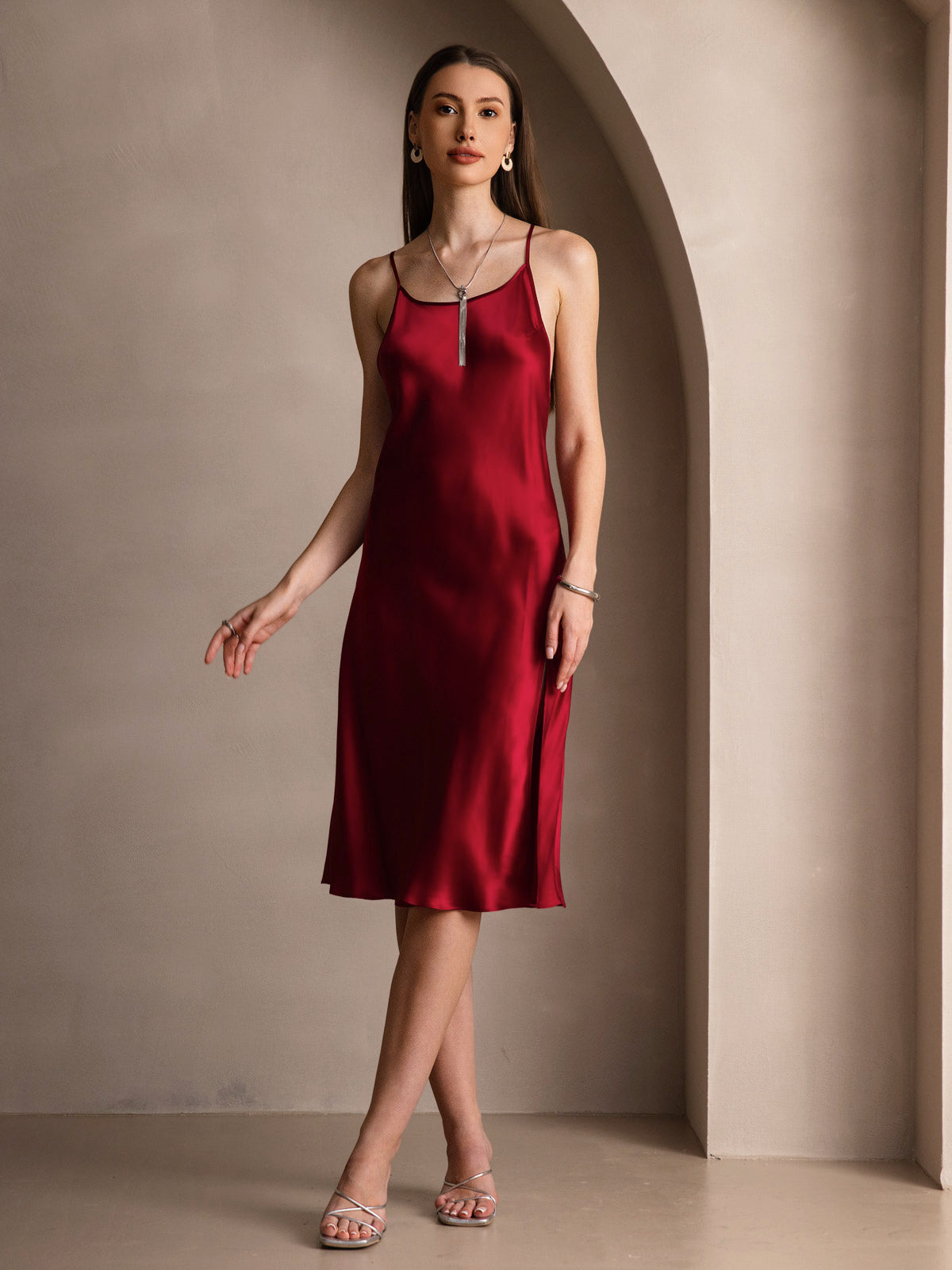 [Wine] SilkSilky-CA Pure Silk Round Neck Dress 005