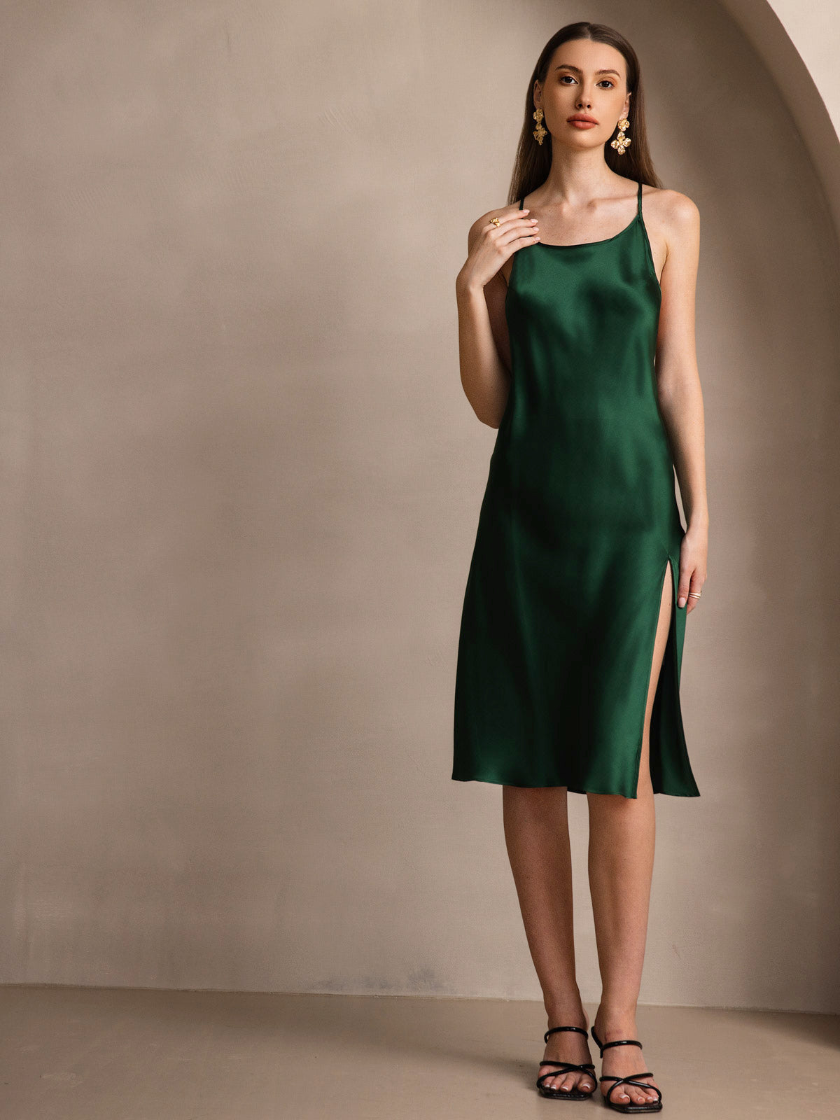 [Dark Green] SilkSilky-CA Pure Silk Round Neck Dress 004
