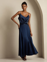 [Dark Blue] SilkSilky-CA 19Momme Stretch Silk Charmeuse Spaghetti Strap Cowl Neck Women''s Outfit Sets 007
