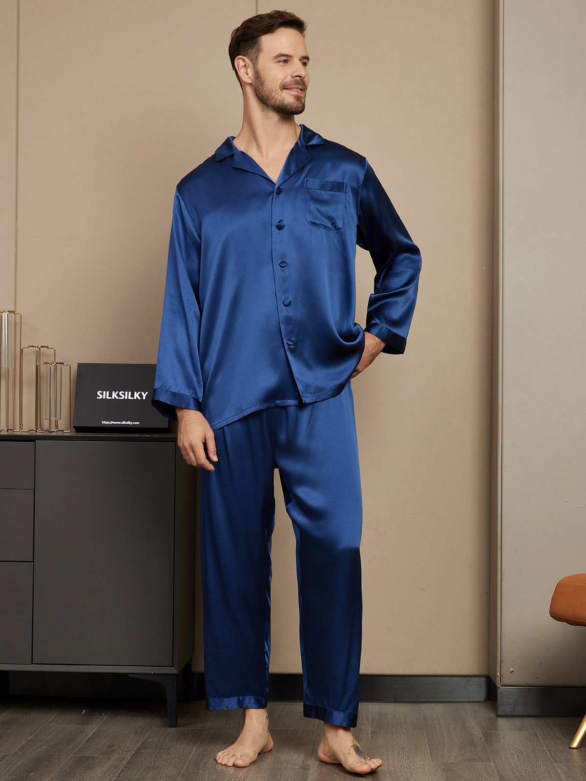 [Dark Blue] SilkSilky-CA Pure Silk Mens Pajamas 005