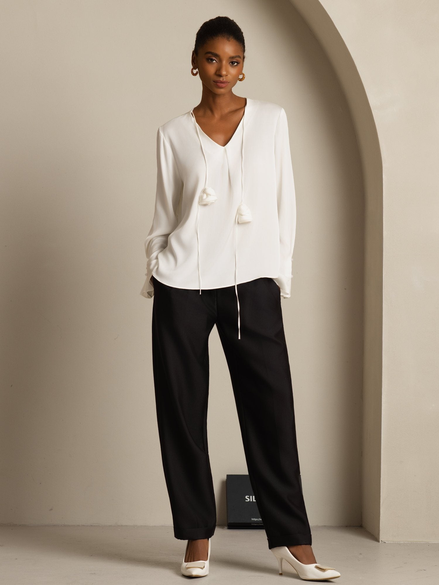 [White] SilkSilky-CA 19Momme Stretch Silk Double Georgette Long Sleeve V Neck Blouse 008