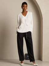 [White] SilkSilky-CA Long Sleeve V Neck Women's Blouse 008
