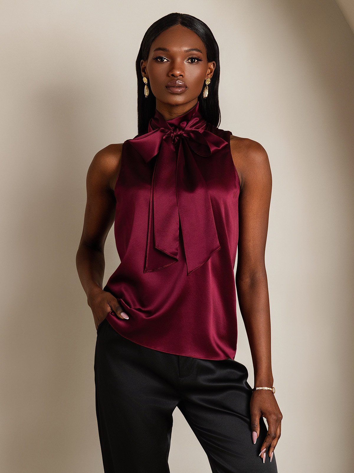 SilkSilky-CA 19Momme Silk Tie Neck Women's Shirt DarkRed 001