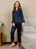 SilkSilky-CA Pure Silk Long Sleeve Lapel Women's Pajamas DarkBlue 002