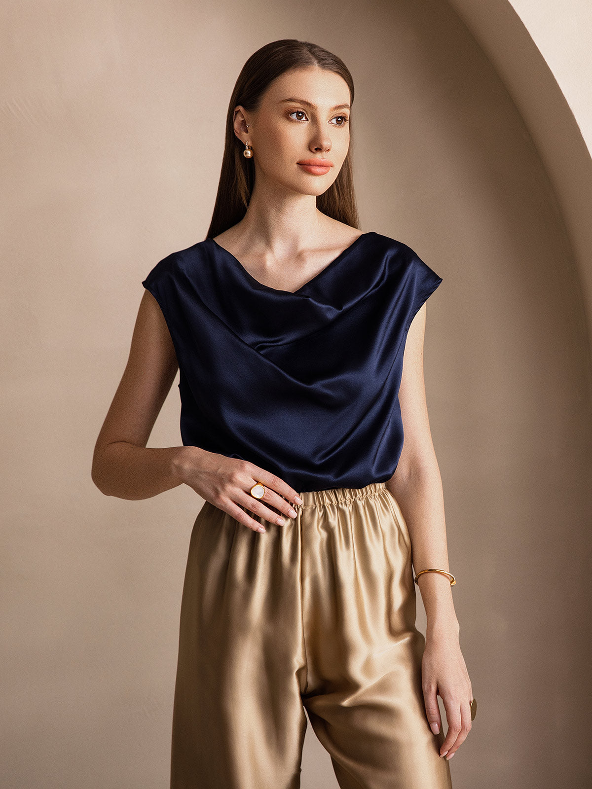 [Dark Blue] SilkSilky-CA 19Momme Silk Cowl Neck Women's T-Shirt 004