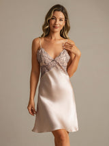 [Pink] SilkSilky-CA Spaghetti Strap Deep V Neck Nightgown 008
