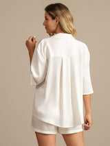 [White] SilkSilky-CA 19Momme Machine-Washable Silk Half Sleeve Notch Collar Women's Pajamas 002
