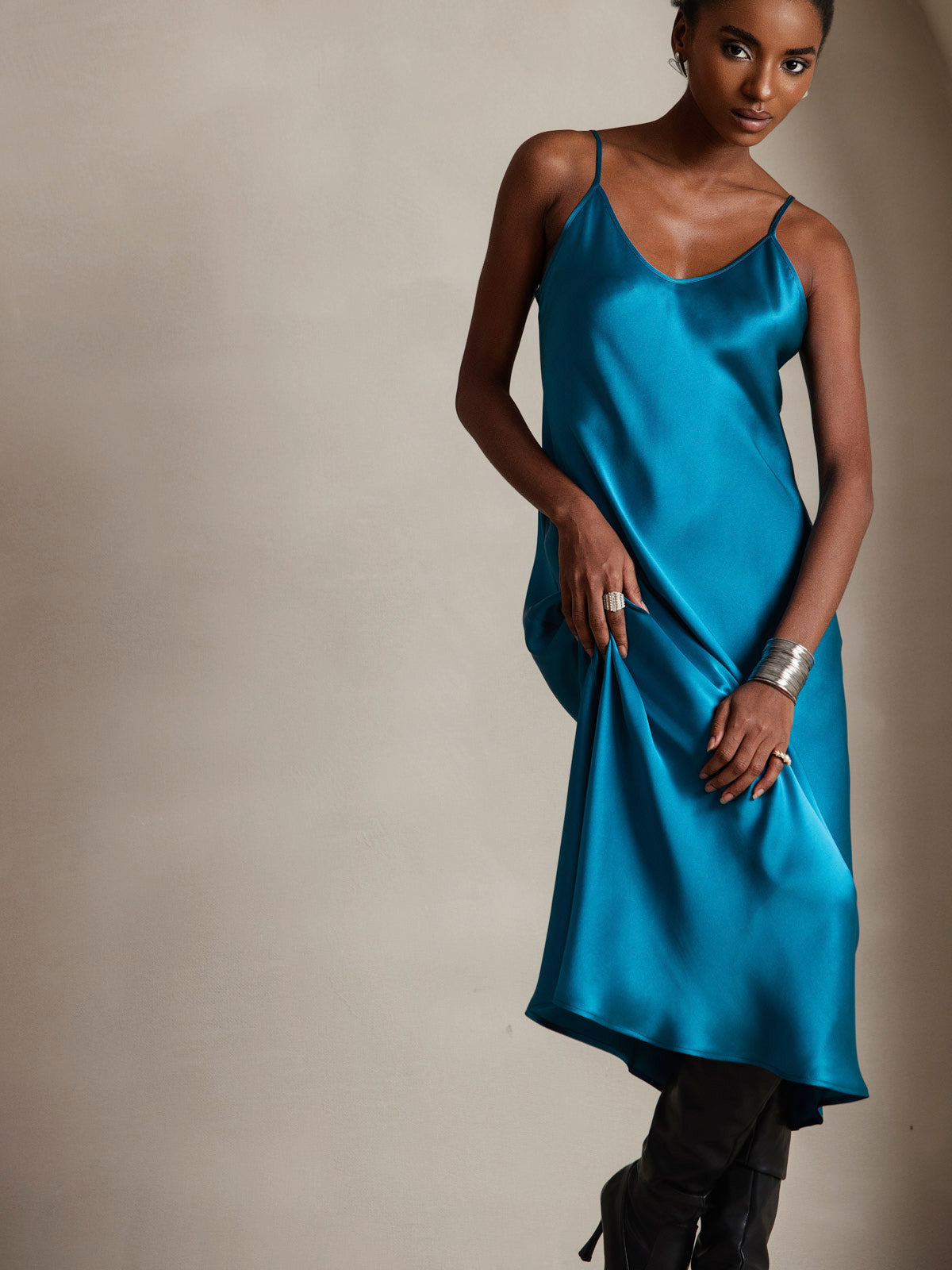 [Teal] SilkSilky-CA Pure Silk Round Neck Dress 003