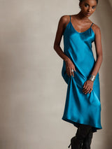 [Teal] SilkSilky-CA Spaghetti Strap V Neck Dress 003