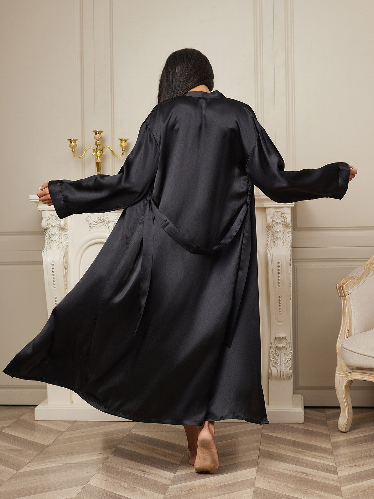 SilkSilky-CA Pure Silk Long Sleeve Womens Robe Black 002