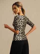 [Leopard] SilkSilky-CA 100% Silk Jersey Half Sleeve Scoop Neck Women's T-Shirt 002