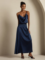 [Dark Blue] SilkSilky-CA 19Momme Stretch Silk Charmeuse Spaghetti Strap Cowl Neck Women''s Outfit Sets 006