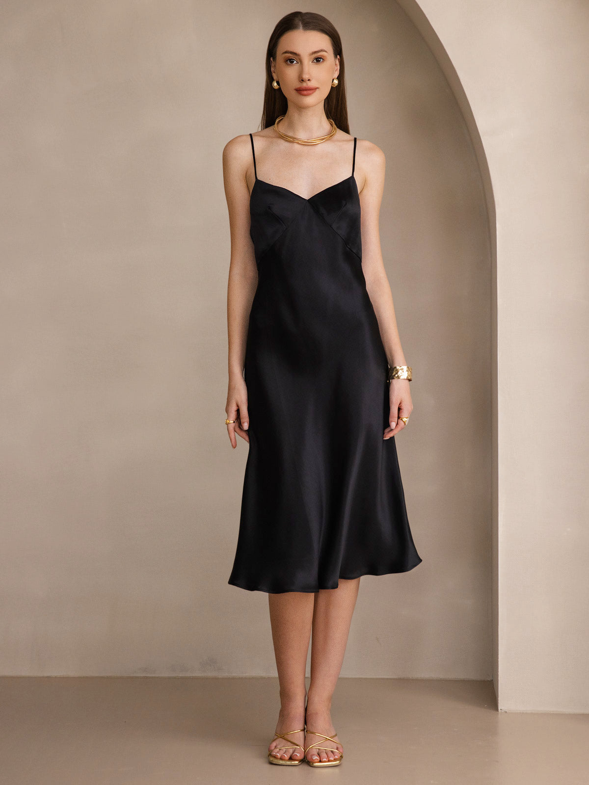 [Black] SilkSilky-CA 19Momme Pure Silk V Neck Dress 004