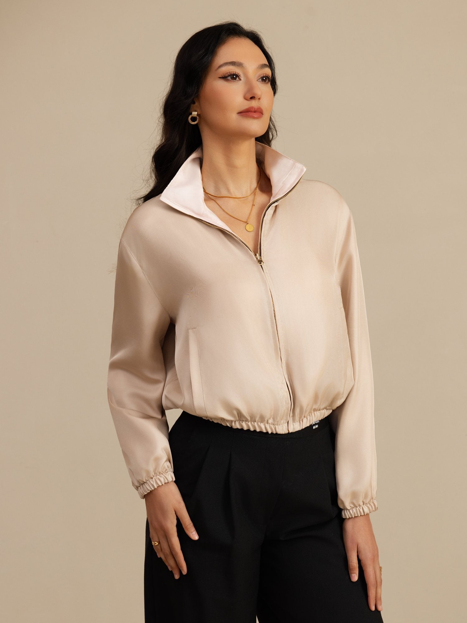 [Tan+Pink] SilkSilky-CA 18Momme Silk Satin Surah Long Sleeve Stand Collar Women's Outerwear 003