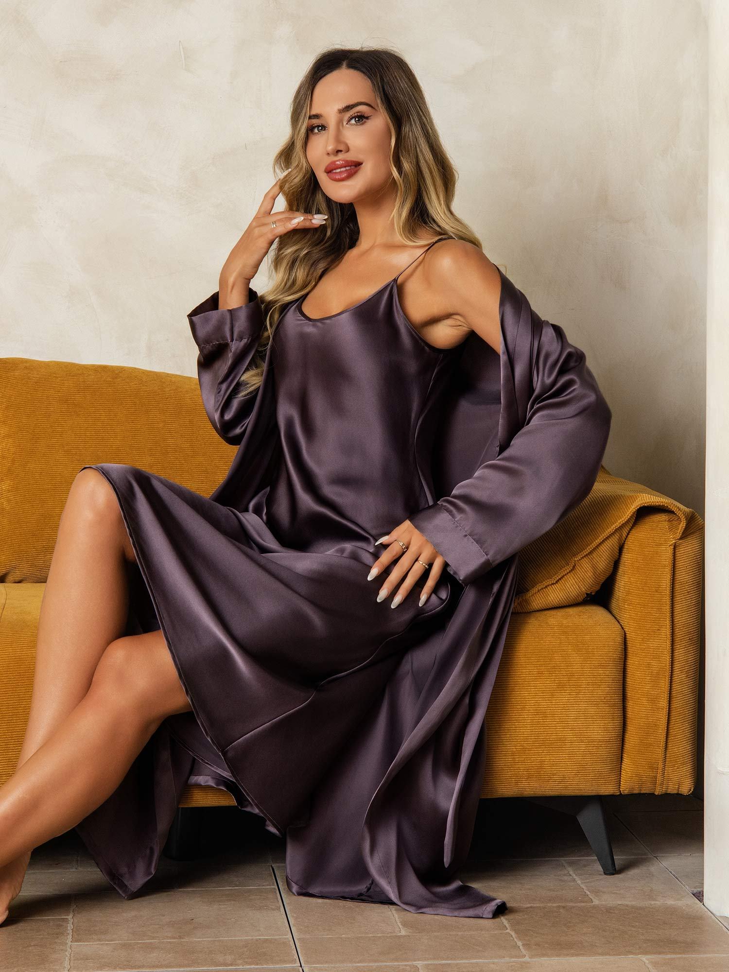 [PurpleGray] SilkSilky-CA Pure Silk V Neck Nightgown&Robe Set 006