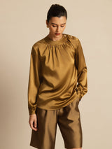 [Bronze] SilkSilky-CA 19Momme Stretch Silk Charmeuse Long Sleeve Round Neck Blouse 003