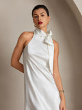 SilkSilky CA 19Momme Silk Sleeveless Tie Neck Dress White 003