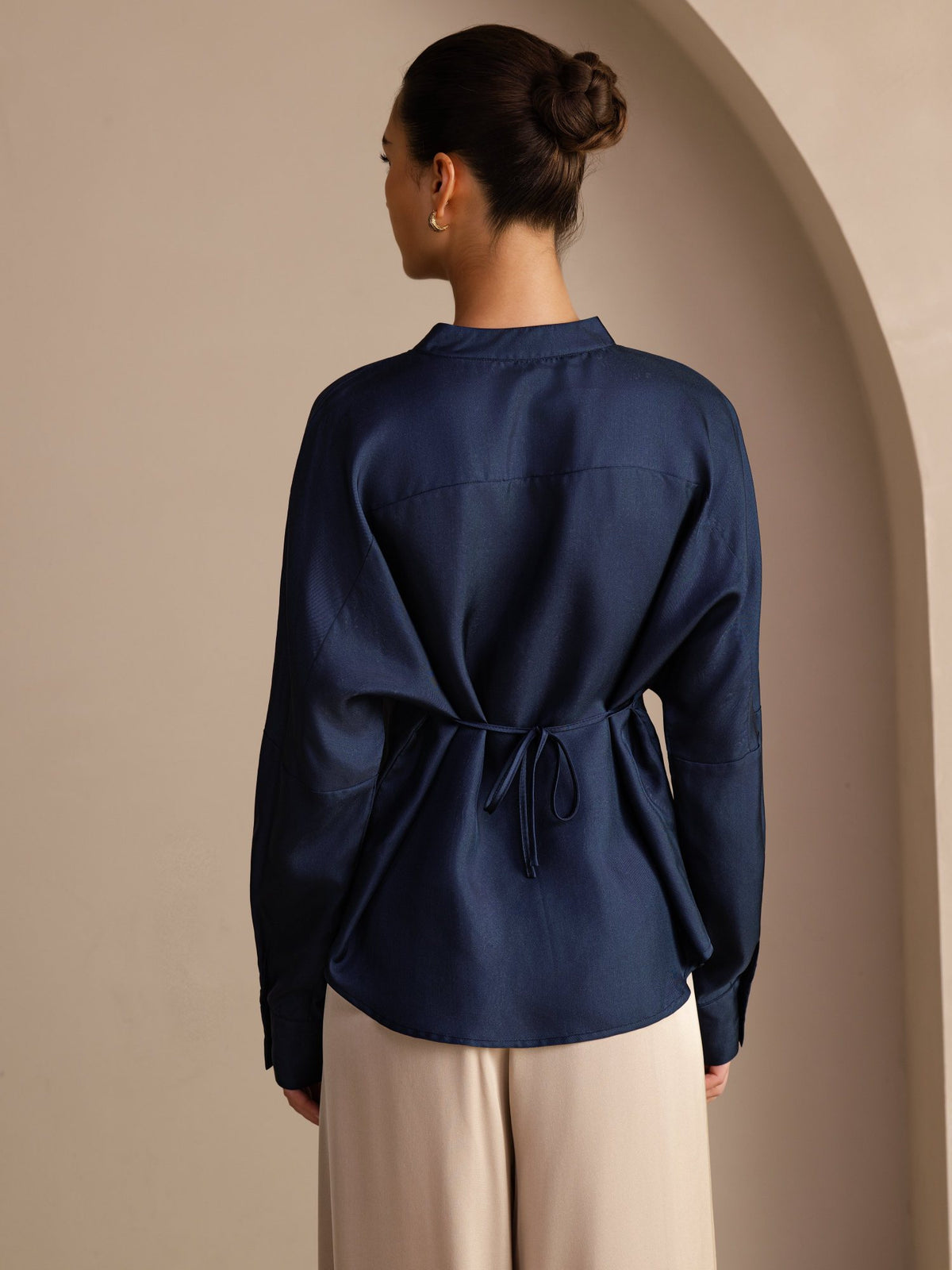 [Dark Blue] SilkSilky-CA Long Sleeve Split Women's Blouse 002