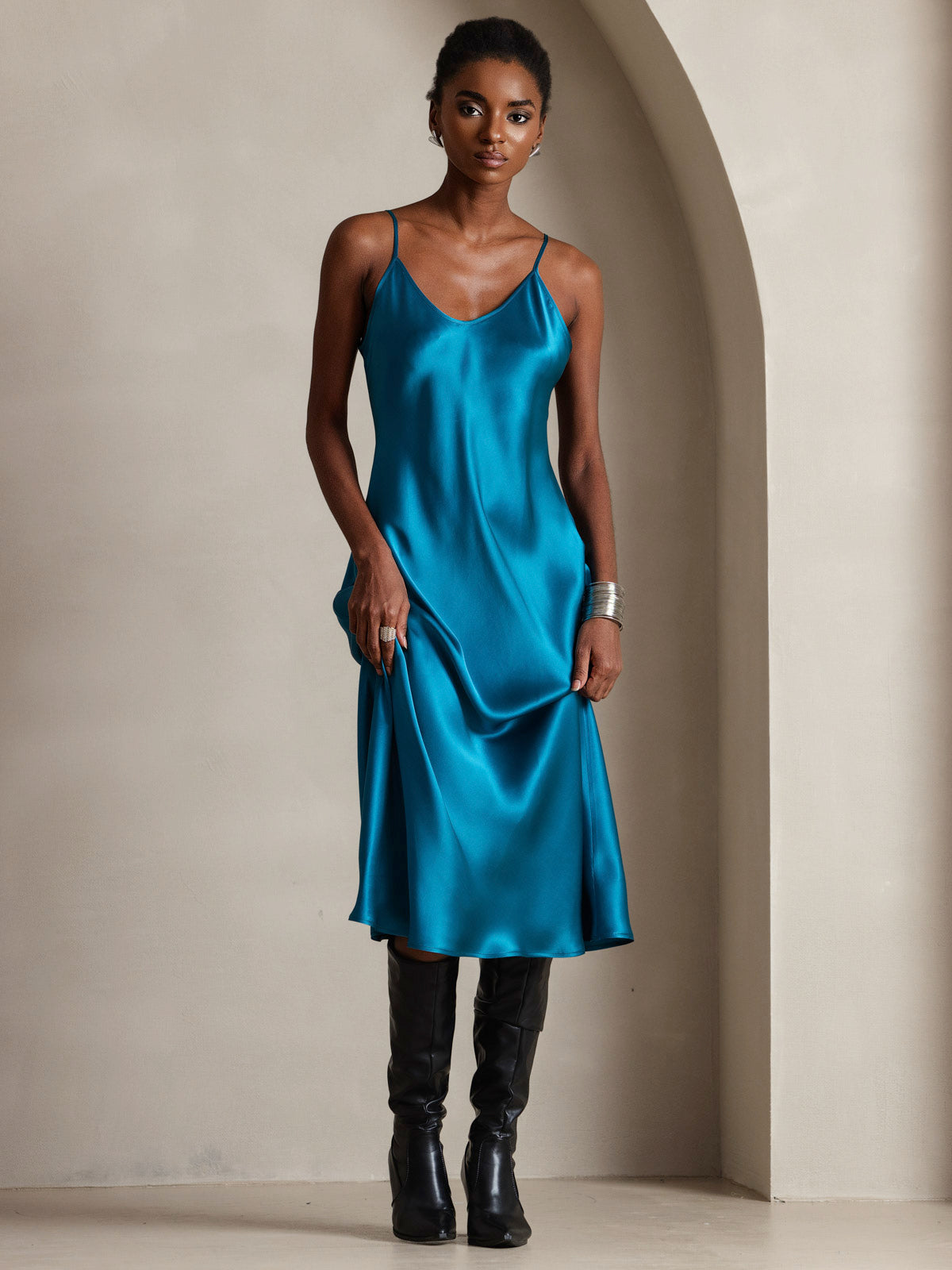 [Teal] SilkSilky-CA Pure Silk Round Neck Dress 004
