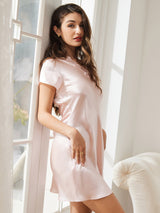 [Light Pink] SilkSilky-CA Short Sleeve V Neck Nightgown 004