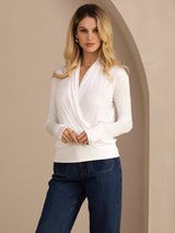 [White] SilkSilky-CA Long Sleeve Wrap Women's Blouse 004