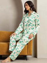 [Green Floral] SilkSilky-CA Pure Silk Notch Collar Women's Pajamas 005,