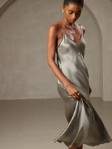 [Grayish Green] SilkSilky-CA Spaghetti Strap V Neck Dress 005